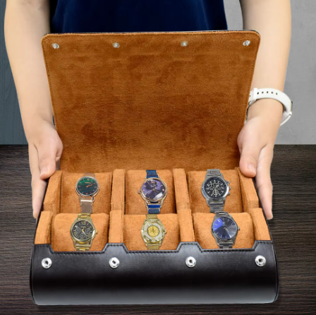 custodia per orologio in pelle aperta