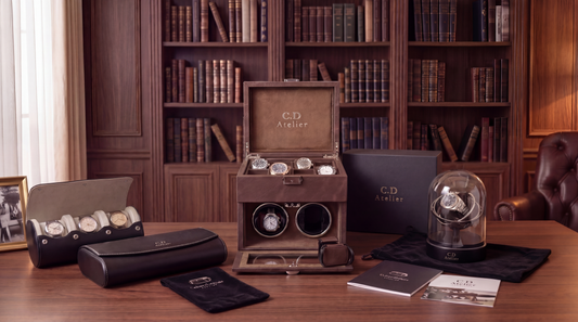 Wood and leather watch box for storing a collection of automatic watches
